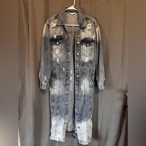 Distressed Denim Long Jacket Dress Duster